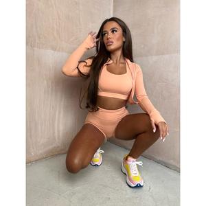 Peach 3 piece zip up shorts set