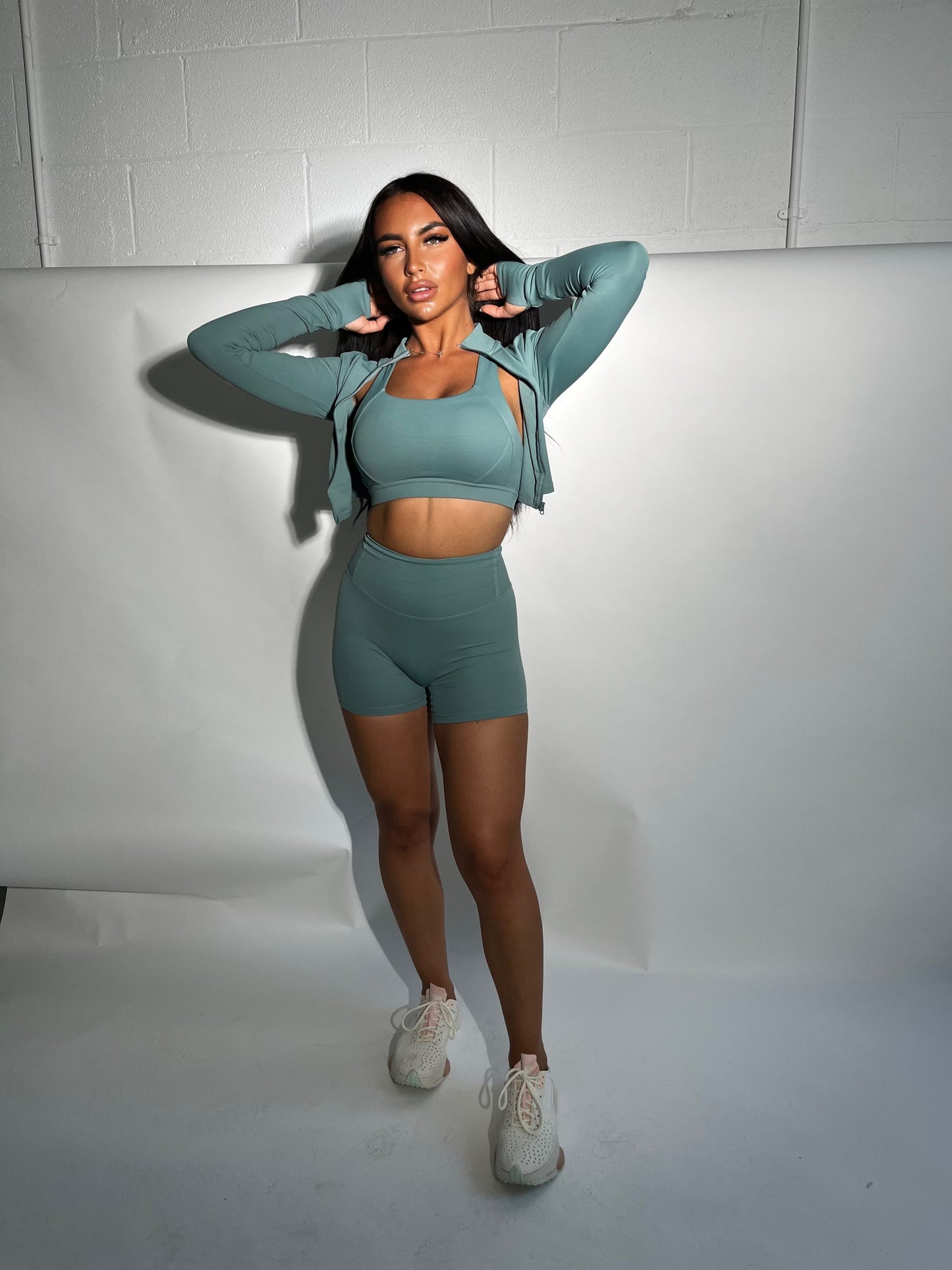 Teal 3 piece shorts zip up set