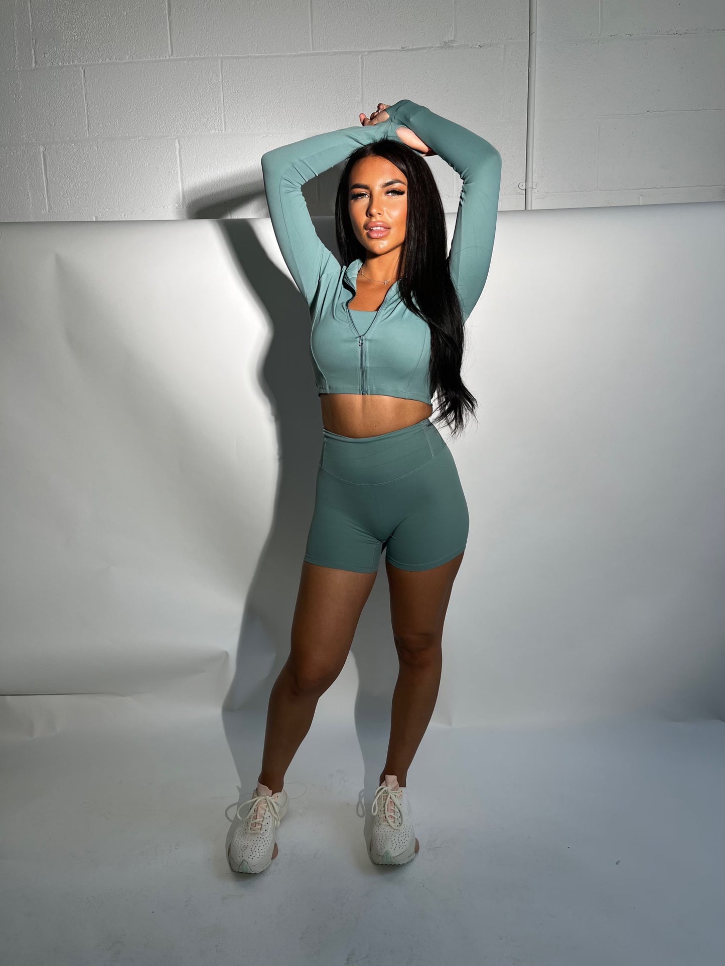 Teal 3 piece shorts zip up set