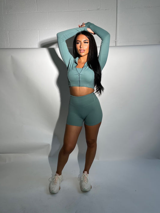 Teal 3 piece shorts zip up set